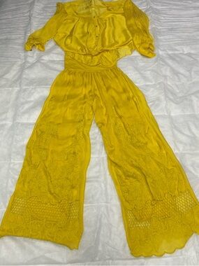 Bright Yellow Lace-Trim Wide Leg suit with blouse